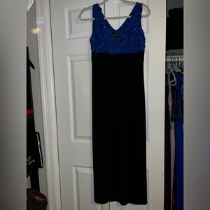 black straight dress with blue floral design top
